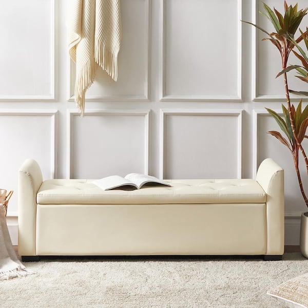 JAYDEN CREATION Ruben Ivory Storage  Bench with Flared Arms 57.75 in.