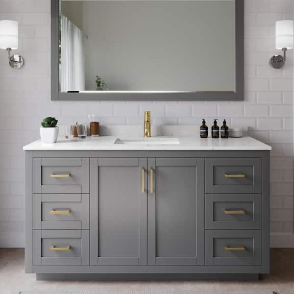 Wyndham Collection Miranda 60 in. W Single Bath Vanity in Dark Gray with Cultured Marble Vanity Top in Light-Vein Carrara with White Basin