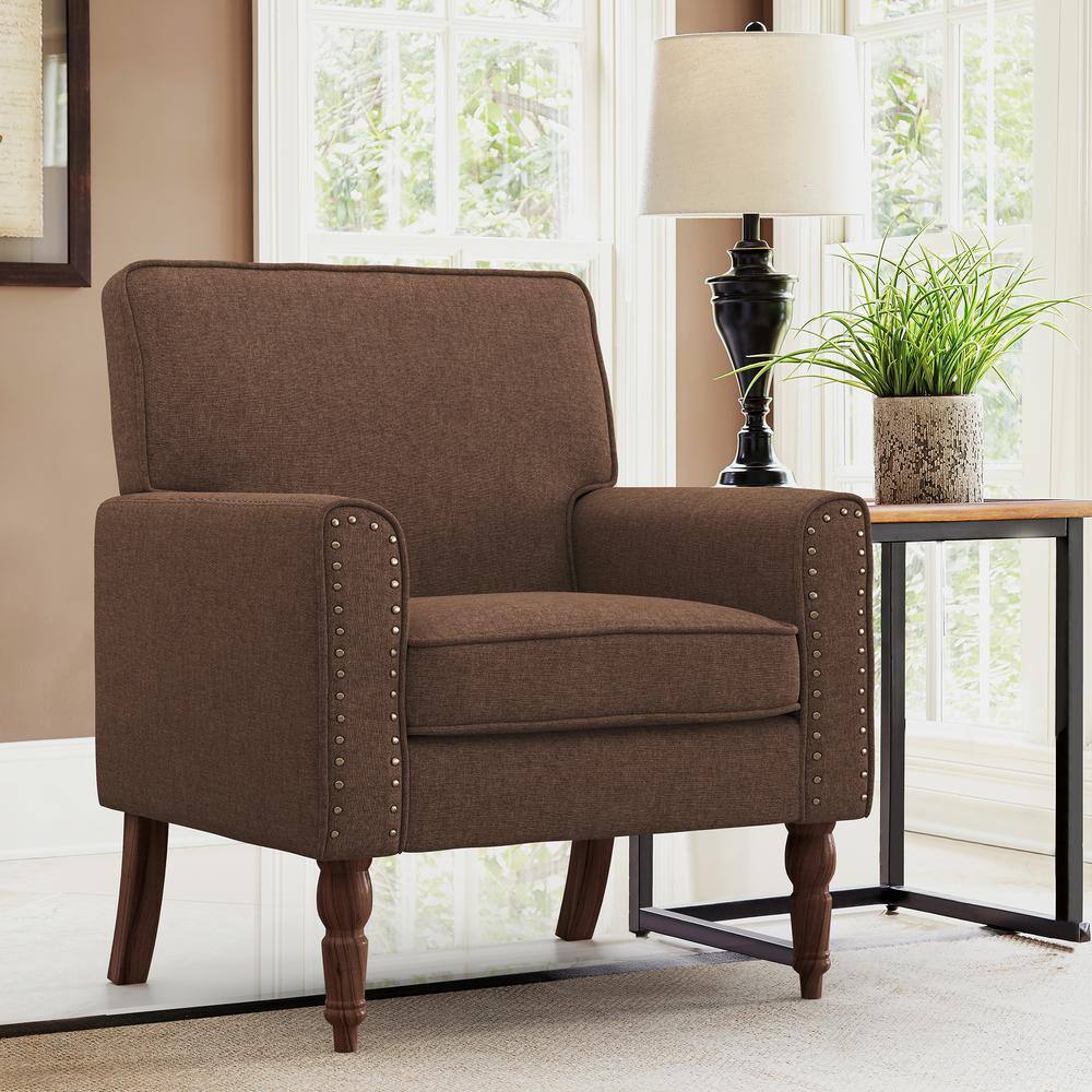 Dark Brown Fabric Modern Accent Chair with Wood Legs Arm Chair