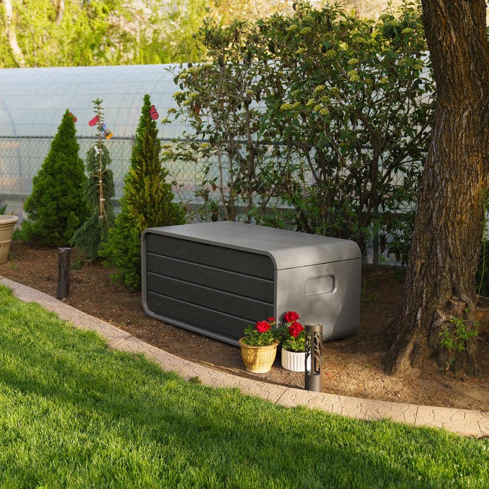 Gray Lockable Plastic Outdoor Storage Deck Box, 136 Gallon