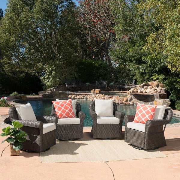 Noble House Yamileth Swivel Rocking Faux Rattan Outdoor Patio Lounge Chair with Beige Cushions (4-Pack)