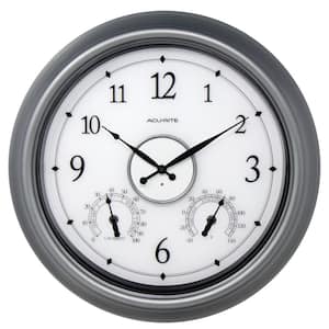 18 in. Pewter LED Illuminated Outdoor Wall Clock with Thermometer and Hygrometer