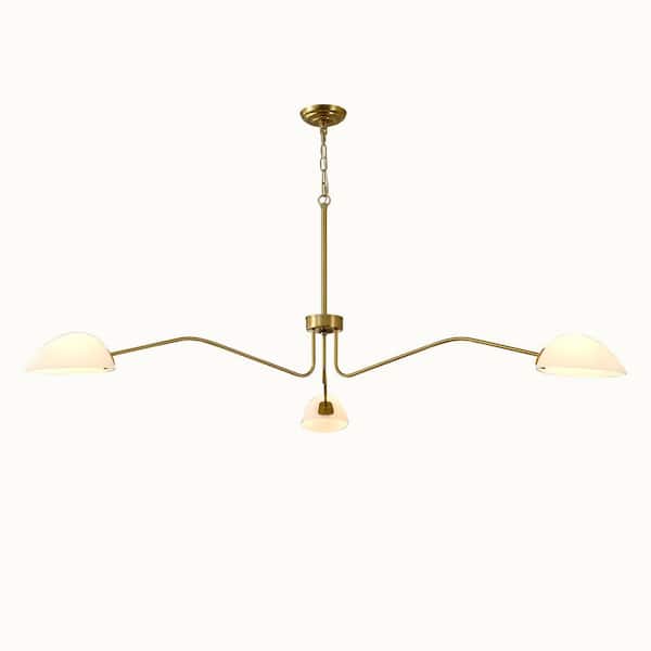 3-Lights Mid Century Modern Chandelier with White Glass Lampshade, 3 Arm Chandelier Brass for Living Room Dining Room
