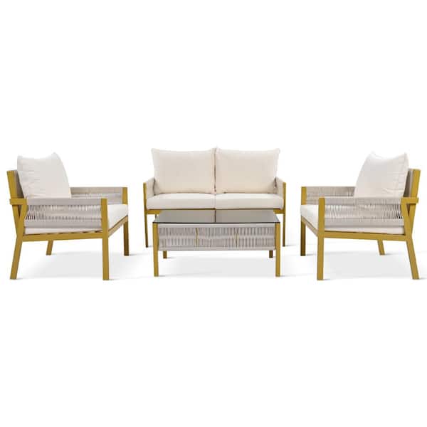 WELLFOR Yellow 4-Piece Metal Rope Patio Conversation Set with Beige Cushions and Tempered Glass Table