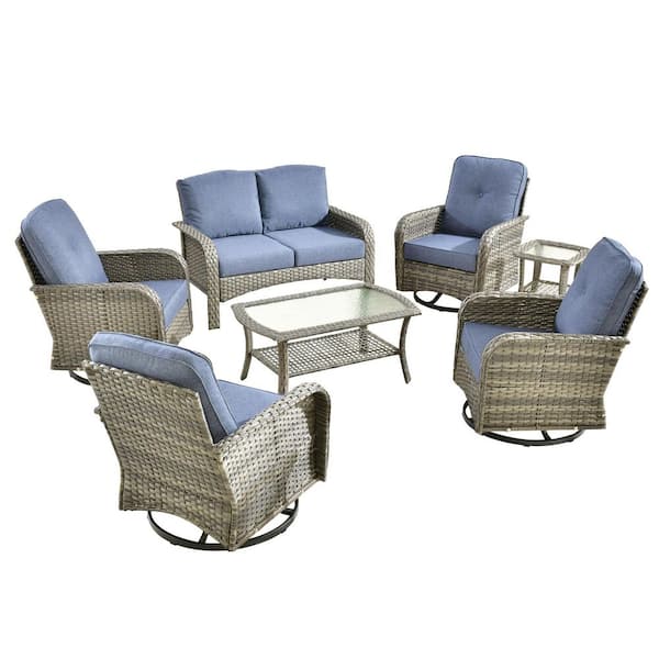 Denali Gray 8-Piece Wicker Patio Conversation Sofa Seating Set with Swivel Rocking Chairs and Denim Blue Cushions