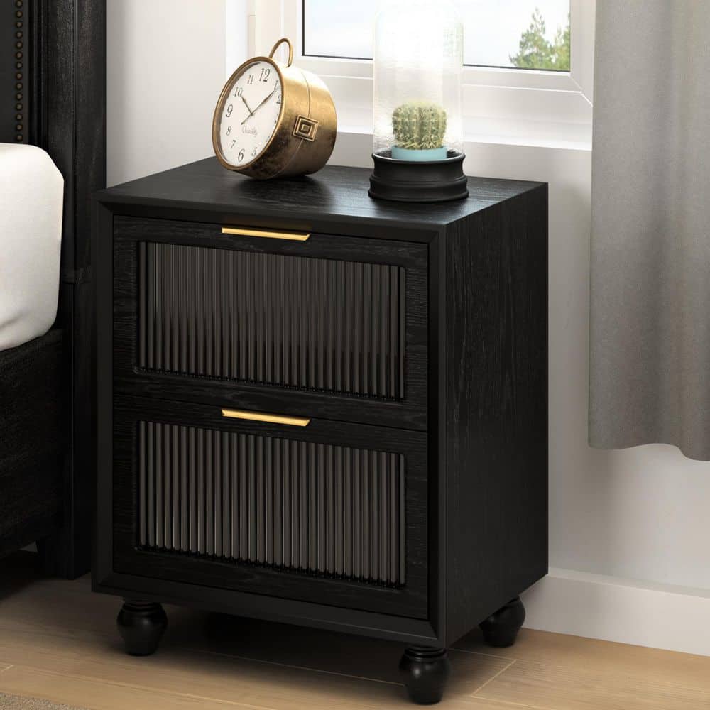 COZAYH Mid Century Modern Nightstand with 2 Drawer  Reeded Glass Front  Natural Wood Grain End Table with Handle and Turned Legs for Contemporary Decor  Black