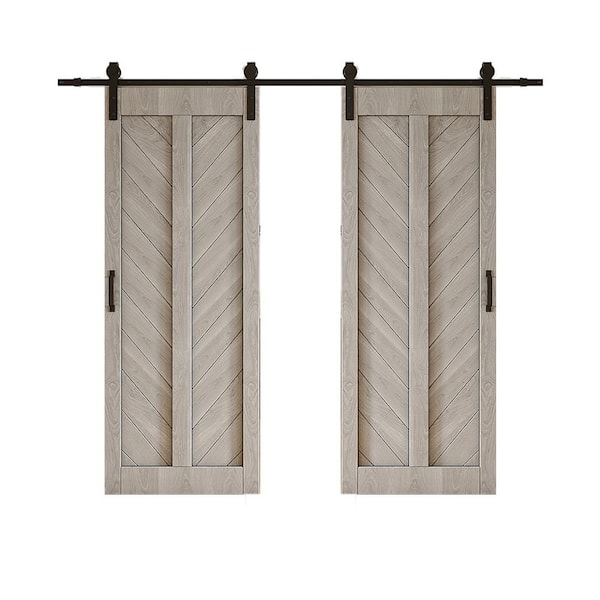 TENONER 60 in. x 84 in. (Double 30 in. W Doors) Silver Grey, V Frame, Finished, MDF Sliding Barn Door with Hardware Kit