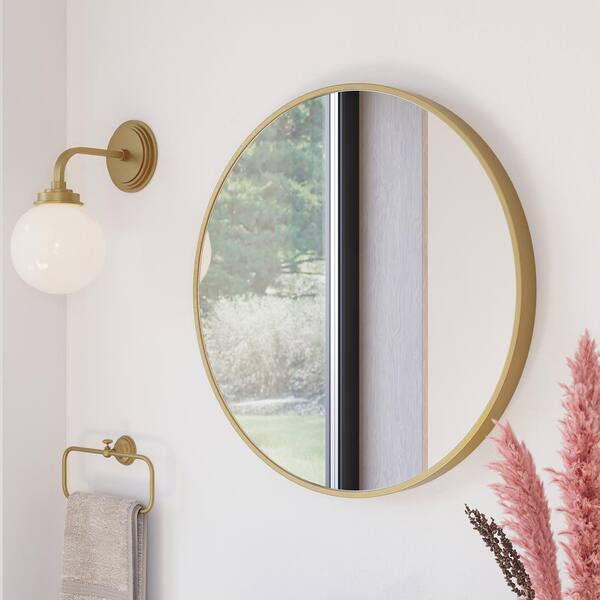  Olena 24 in. W x 24 in. H Round Framed Anodized Aluminum Wall Mount Floating Bathroom Mirror in Brushed Harvest Gold