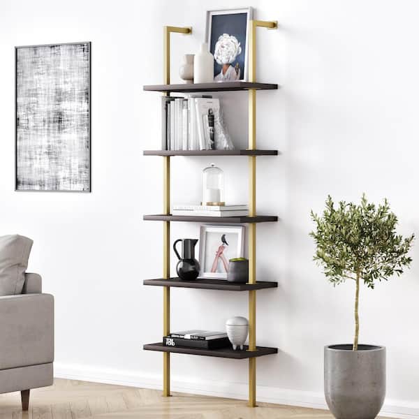 Nathan James Theo 73 In Dark Oak Wood, Metal Ladder Bookcase With Drawer