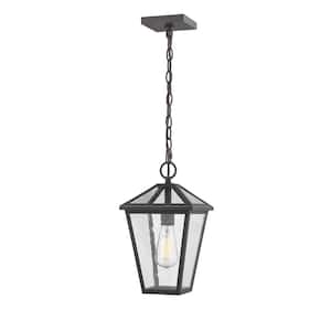 1-Light Rubbed Bronze Outdoor Pendant Light with Seedy Glass Shade