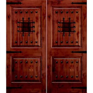 60 in. x 96 in. Mediterranean Knotty Alder Square Top with Red Chestnut Stain Left-Hand Wood Double Prehung Front Door