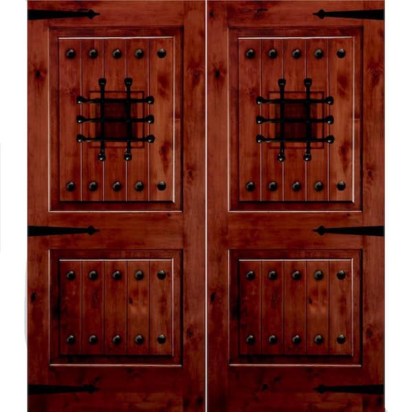 Krosswood Doors 64 in. x 80 in. Mediterranean Knotty Alder Square Top with Red Chestnut Stain Left-Hand Wood Double Prehung Front Door