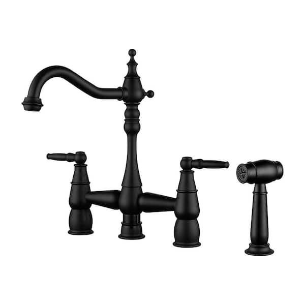 Quaint Double Handle Vintage Bridge Kitchen Faucet-Side Spray in Matte Black