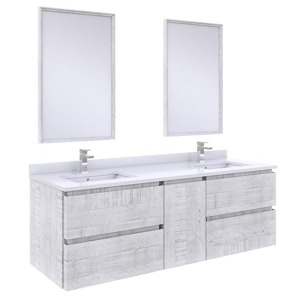 Fresca Formosa 60 in. Double Sink Wall Mount Floating Rustic White Bath Vanity with White Quartz Top, Ceramic Sinks and Mirrors