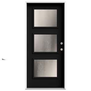 36 in. x 80 in. Left-Hand/Inswing 3 Lite Equal Chinchilla Frosted Glass Black Steel Prehung Front Door