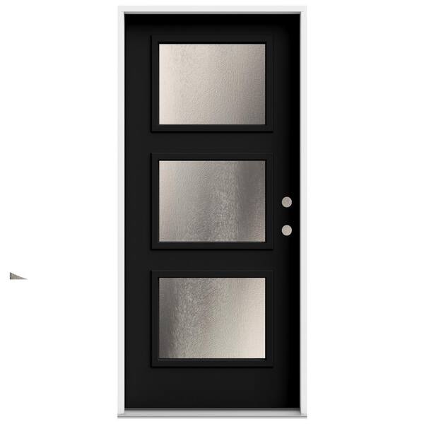 JELD-WEN 36 in. x 80 in. Left-Hand/Inswing 3 Lite Equal Chinchilla Frosted Glass Black Steel Prehung Front Door