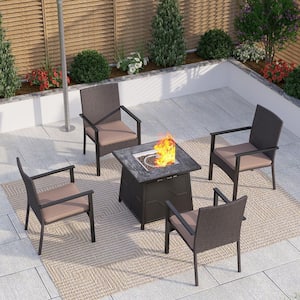 5-Piece TerrFab Patio Fire Pit Set, 4 Beige Cushioned Rattan Chairs, 28 in. Square Gas Fire Pit Table