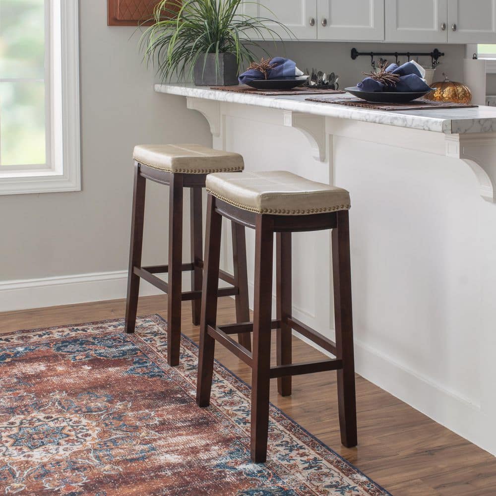 Dark Brown and Beige Faux Leather Saddle Bar Stool