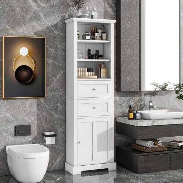 FAMYYT 22 in. W x 10 in. D x 67 in. H White Bathroom Linen Cabinet with 2-Drawers and Adjustable Shelf