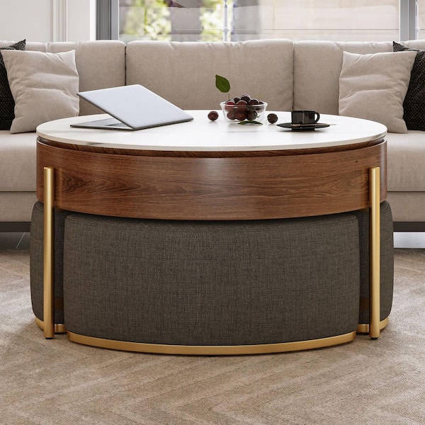 Marcus 31.5 in. Brown+Gray and Golden+White Round Sintered Stone Coffee Table with 3 Ottomans and Hidden Storage