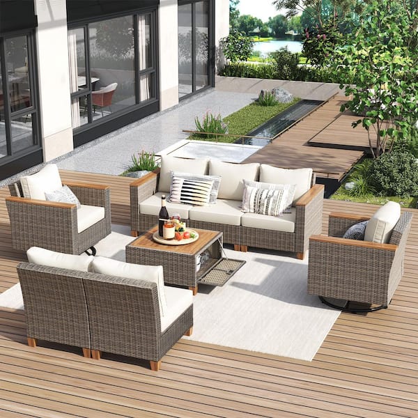 8-Piece Wicker Outdoor Conversation Patio Furniture Set with Beige Cushions