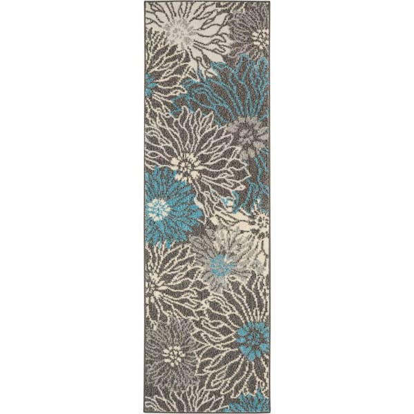 Nourison Passion Charcoal/Blue 2 ft. x 6 ft. Floral Contemporary Kitchen Runner Area Rug