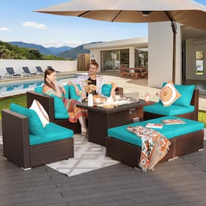 Luxury 7-Piece Espresso Wicker Patio Fire Pit Coversation Sectional Sofa Set with Ottomans and Teal Cushions