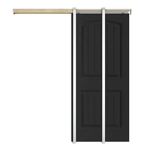 30 in. x 80 in. Black Painted Composite MDF 2Panel Camber Top Sliding Door with Pocket Door Frame and Hardware Kit