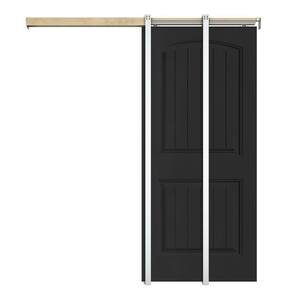 36 in. x 80 in. Black Painted Composite MDF 2Panel Camber Top Sliding Door with Pocket Door Frame and Hardware Kit
