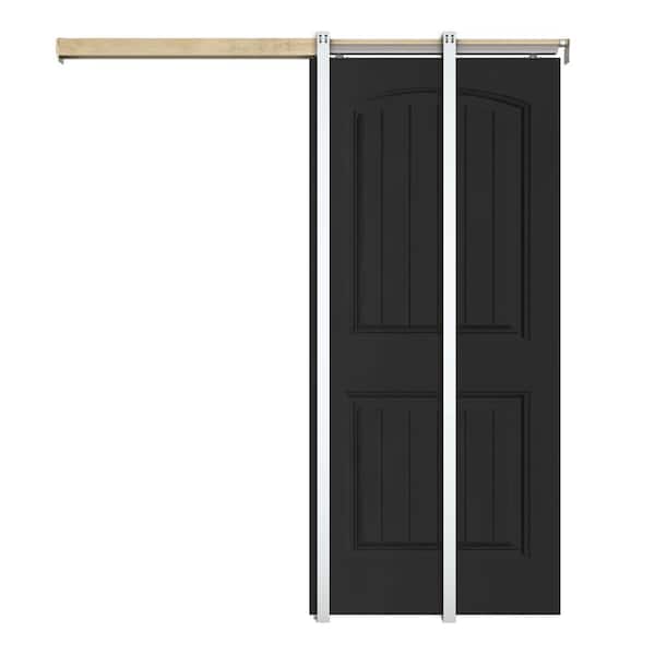 CALHOME 36 in. x 80 in. Black Painted Composite MDF 2Panel Camber Top Sliding Door with Pocket Door Frame and Hardware Kit