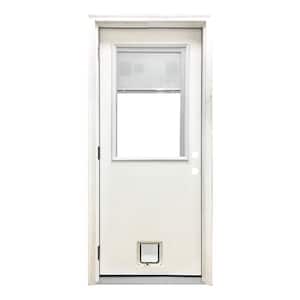 32 in. x 80 in. Reliant Series Clear Mini-Blind RHOS White Primed Fiberglass Prehung Front Door with Small Cat Door