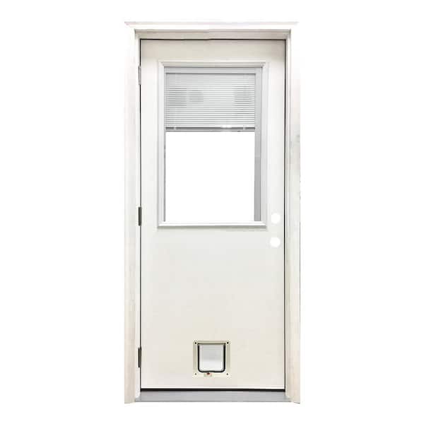 Steves & Sons 32 in. x 80 in. Reliant Series Clear Mini-Blind RHOS White Primed Fiberglass Prehung Front Door with Small Cat Door