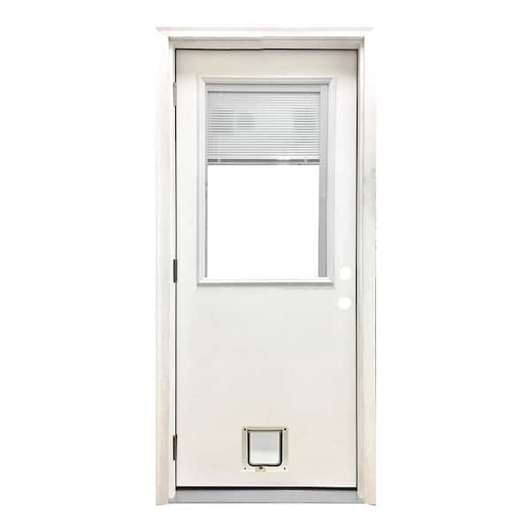 Steves & Sons 36 in. x 80 in. Reliant Series Clear Mini-Blind RHOS White Primed Fiberglass Prehung Back Door with Small Cat Door