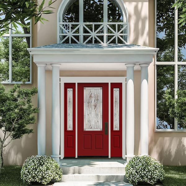60 in. x 80 in. Left-Hand 3/4 Lite Wendover Decorative Glass Cranberry Red Paint Steel Prehung Front Door with Sidelites