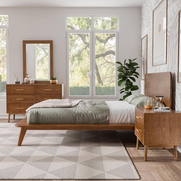 Furniture of America Riverstone 4-Piece Walnut Wood Queen Low Profile Platform Bedroom Set with Nightstand and Dresser/Mirror