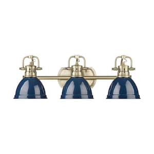 Duncan 8.25 in. 3 Light Aged Brass Vanity Light with Navy Blue Shade