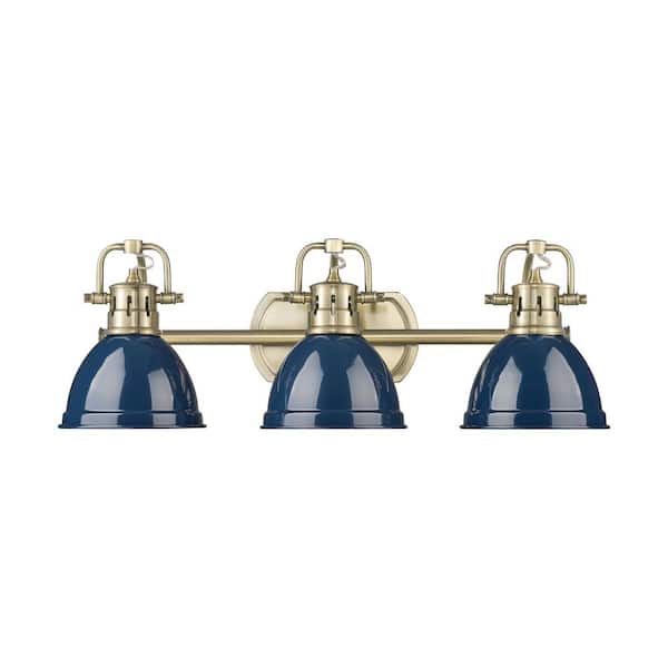 Duncan 8.25 in. 3 Light Aged Brass Vanity Light with Navy Blue Shade