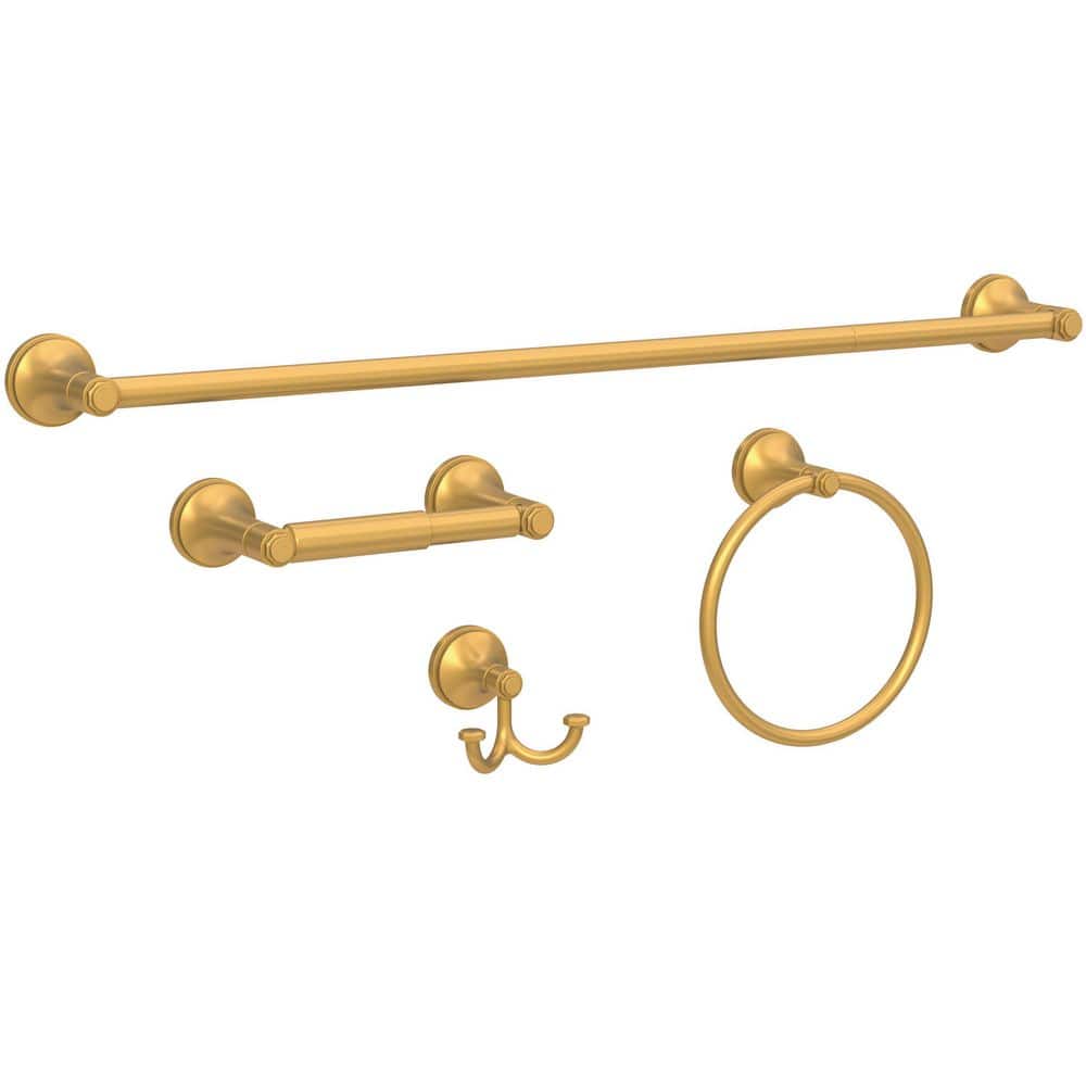 Woodruff 4-Pieces Bath Hardware Set 18 to 24 in. Towel Bar, Toilet Paper Holder, Towel Ring, Hook in Satin Gold price history on PriceWatchPro