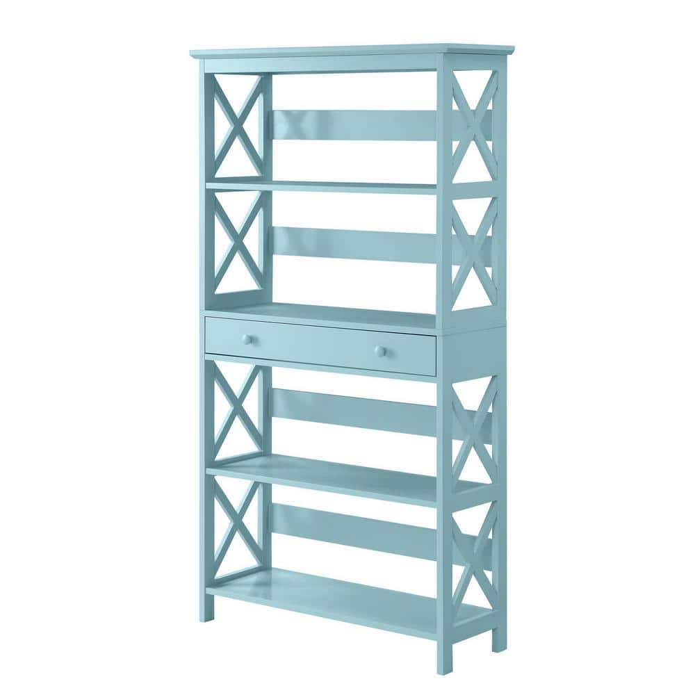 Sea Foam Blue 5-Tier Wooden Bookcase with Concealed Drawer