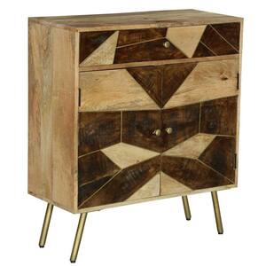Brown Wooden Storage Cabinet with 2-Doors and Geometric Inlaid Design