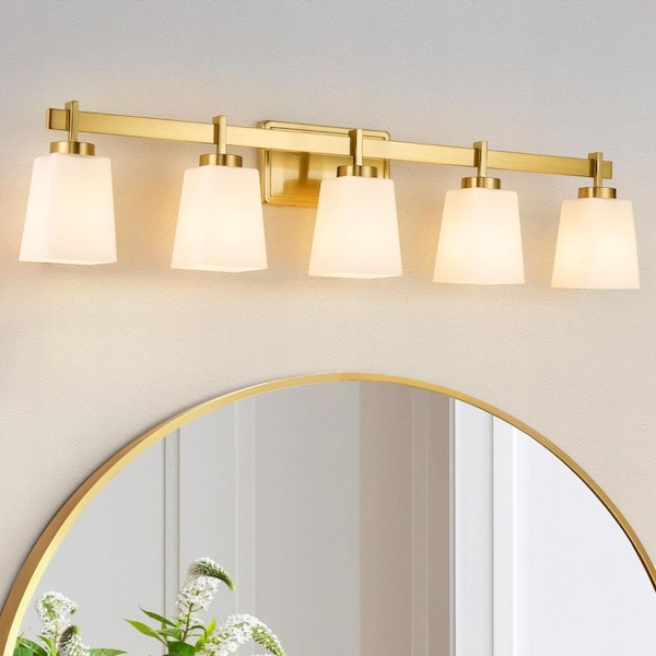40 in. 5-Light Brushed Gold Bathroom Vanity Light with Frosted Glass Square Shades Classic Wall Sconce for Damp Location
