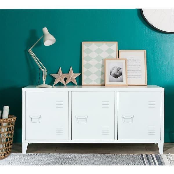 Homy Casa 47.2 in. W x 15.7 in. D x 22.8 in. H White Metal Freestanding Storage Cabinet with 3 Doors, 6 Shelves