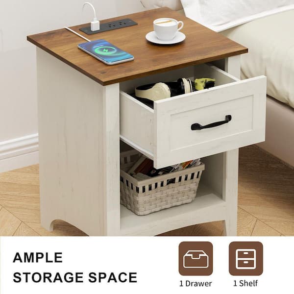 Hommpa Farmhouse Rustic White 1-Drawer 17.7 in. W Nightstand with