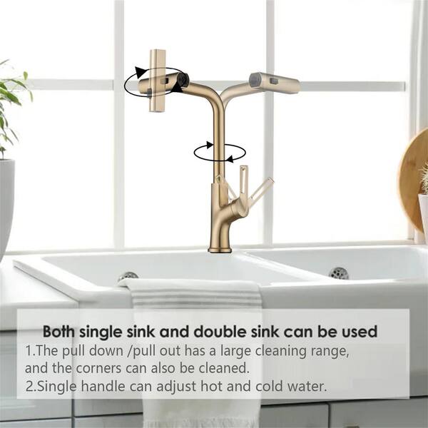 thumbnail interactive-video image 1 of BWE Brushed Gold Kitchen Faucet - Pull Down Sprayer, Single Handle, Swivel Mixer, Low Lead Compliant - 5-Year Warranty 1 of 5