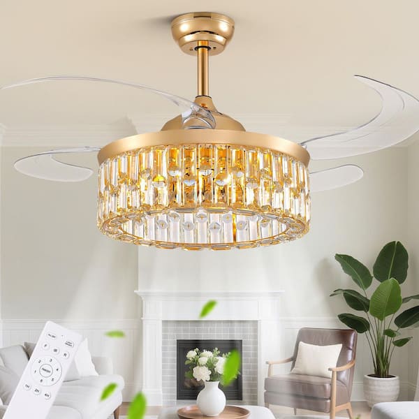 48 in. Indoor Modern Gold Retractable Crystal Ceiling Fan with Light and Remote, Downrod Mount Chandelier Fan