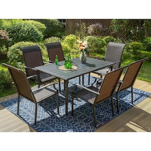 7-Piece Rattan Patio Outdoor Dining Set with Black Frame Rectangular Table and Rattan High Back Wave Arm Chairs
