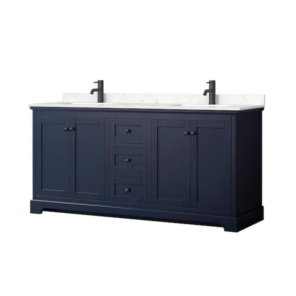 Wyndham Collection Avery 72 in. W x 22 in. D x 35 in. H Double Bath Vanity in Dark Blue with Carrara Cultured Marble Top