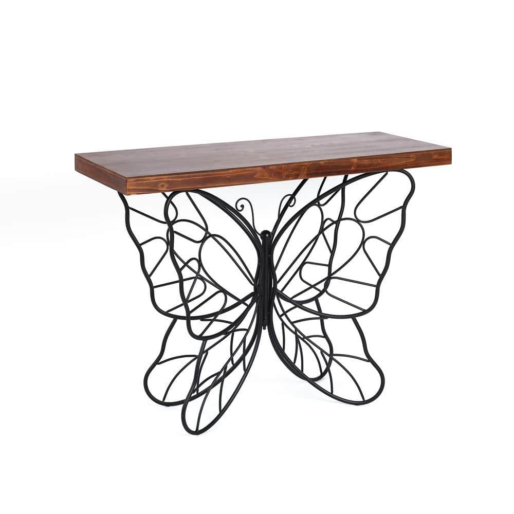 Dark Maple & Black Metal Butterfly Accent Console Table with Storage