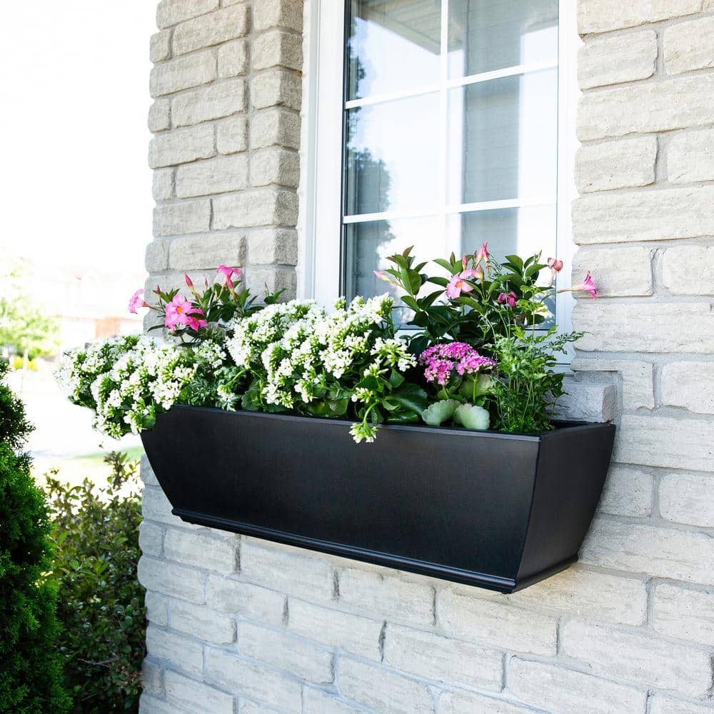 Acadia Black Polyethylene Self-Watering Rectangular Window Box Planter