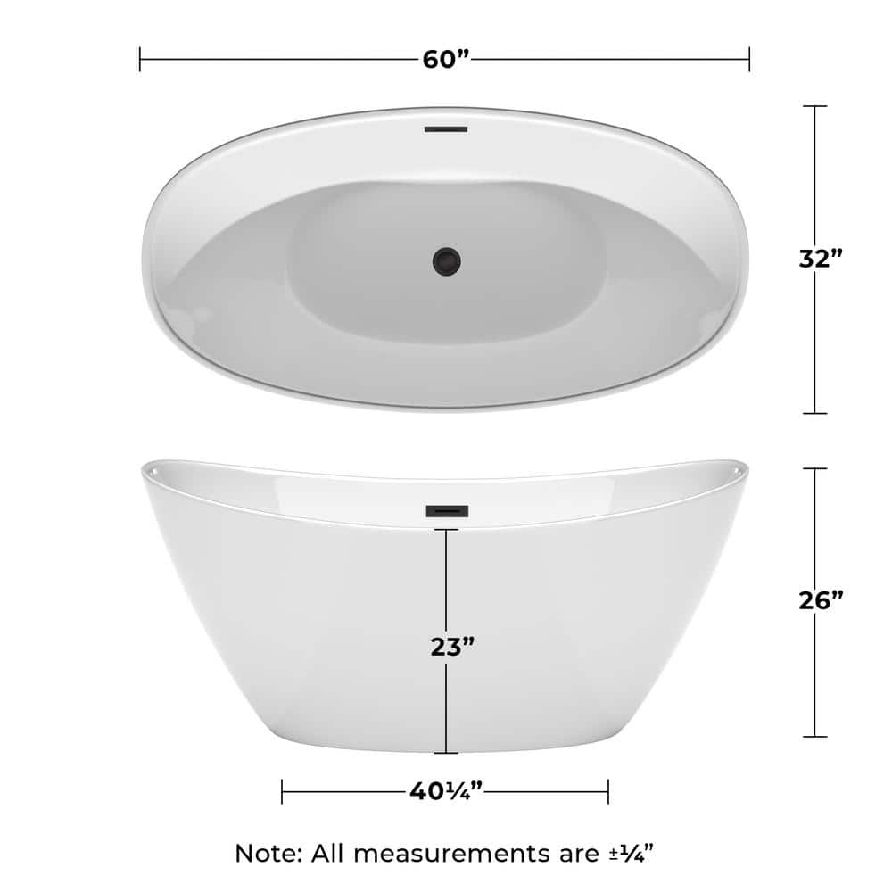 Dorrit 60" x 32" White Acrylic Freestanding Soaking Bathtub with Matte Black Faucet